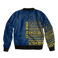 Blue bomber jacket back with gold Nordic bands and 'YOUR TEXT' print, ribbed hem