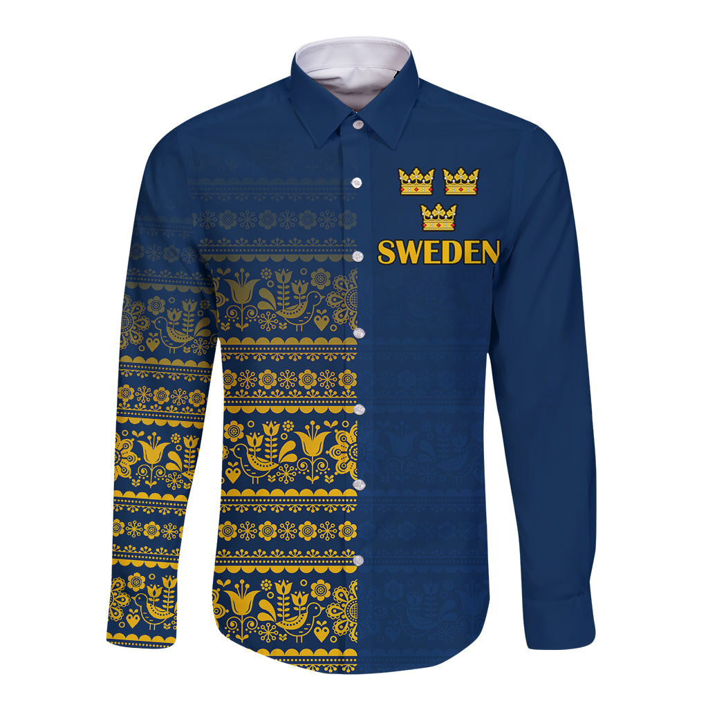 Blue long sleeve button shirt with yellow crown and 'SWEDEN' front folk pattern