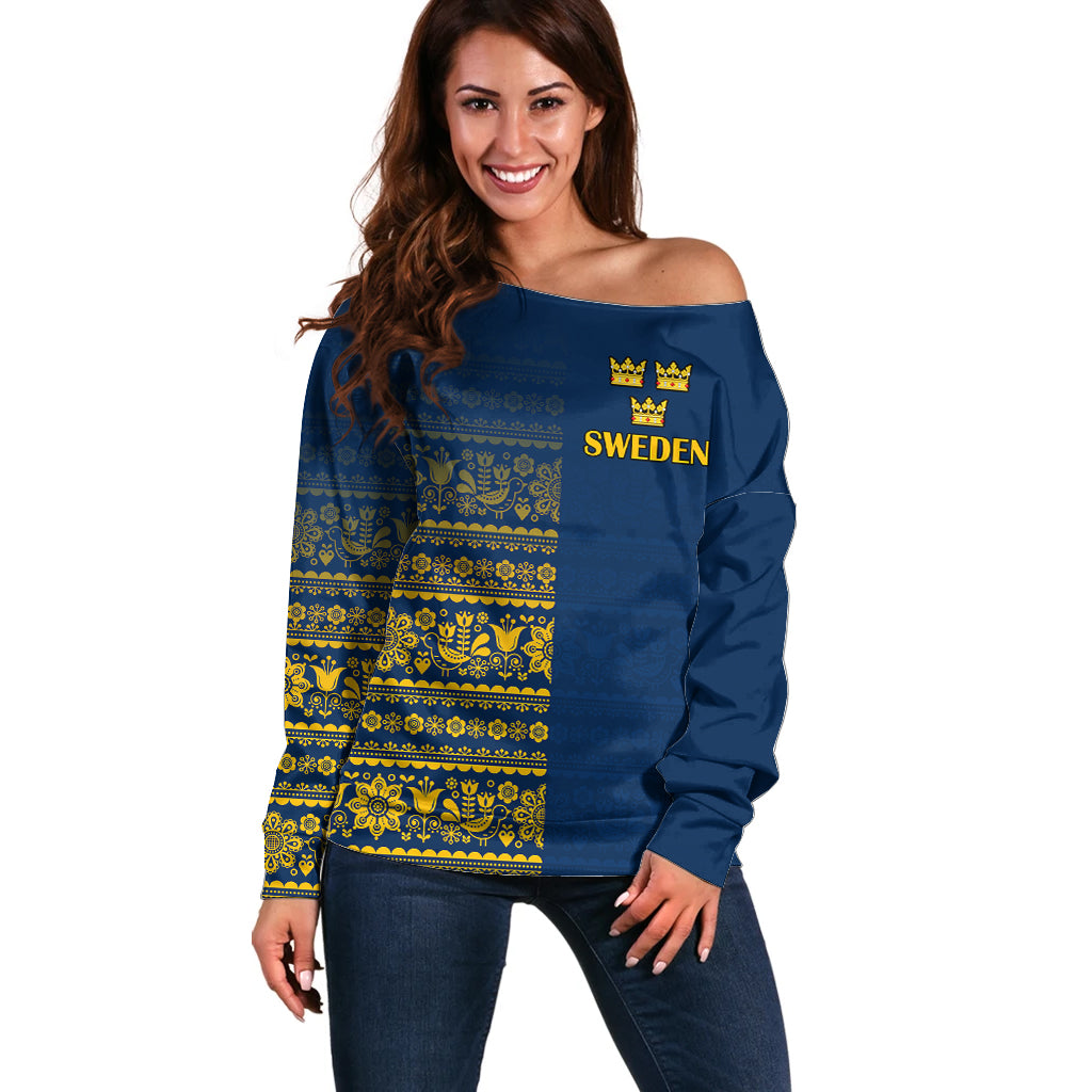 Custom Sweden Tre Kronor Off Shoulder Sweater Sverige With Half Scandinavian Design - Wonder Print Shop