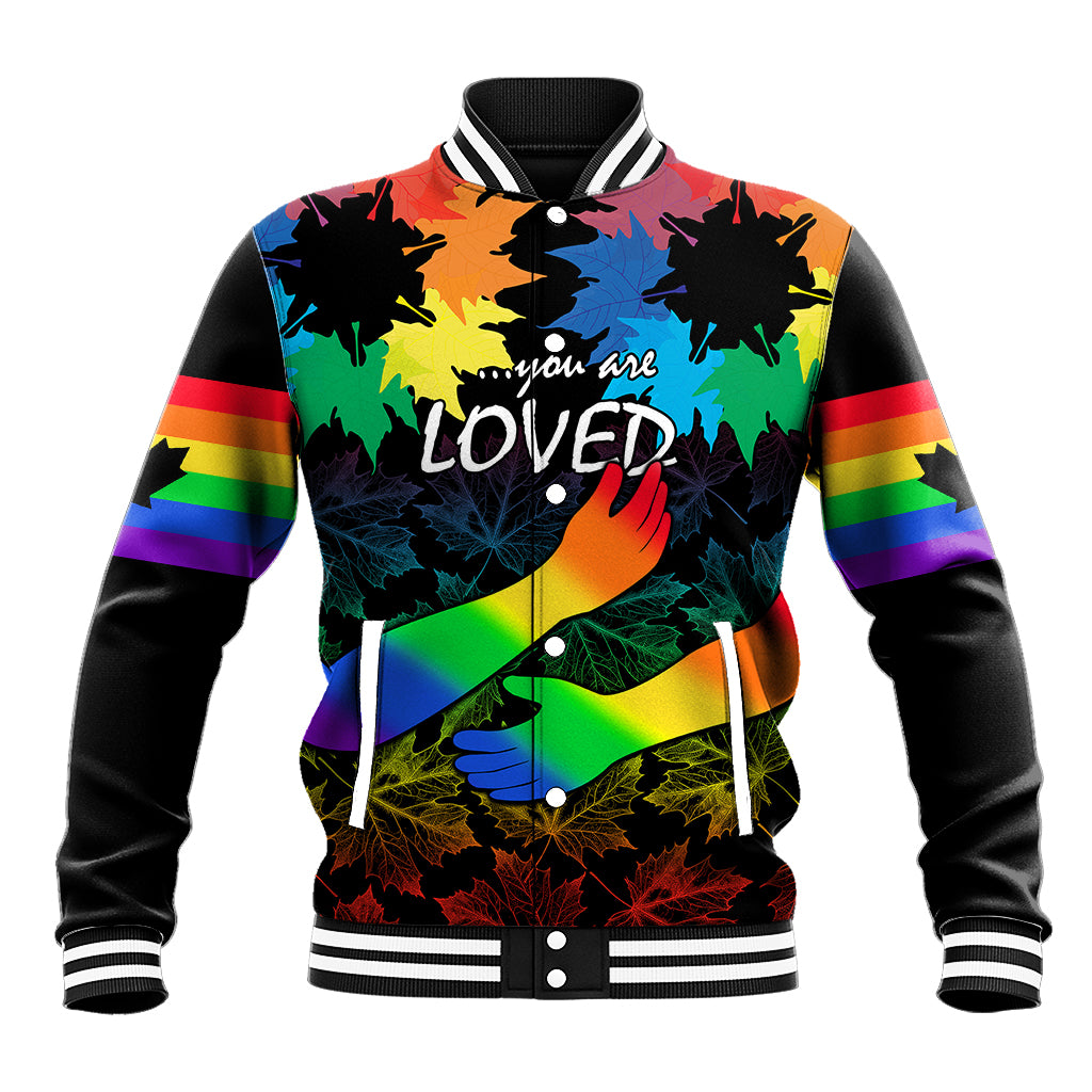 Unisex rainbow floral baseball jacket, front graphic with “LOVED” and maple leaves