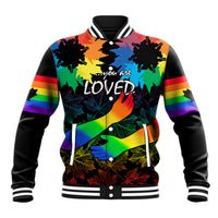 Unisex rainbow floral baseball jacket, front graphic with “LOVED” and maple leaves