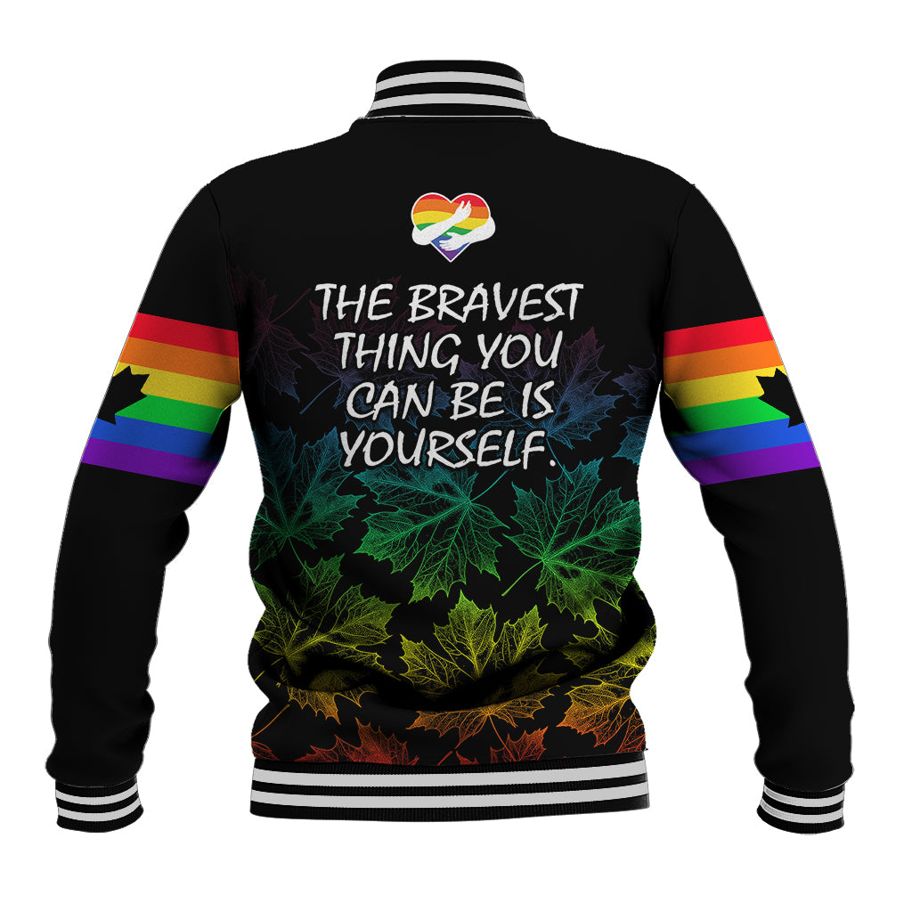 Unisex black baseball jacket, rainbow sleeves, back graphic with maple leaves and slogan