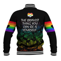 Unisex black baseball jacket, rainbow sleeves, back graphic with maple leaves and slogan