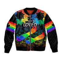 Black unisex bomber jacket with rainbow sleeve stripes and front maples graphic, zipped.