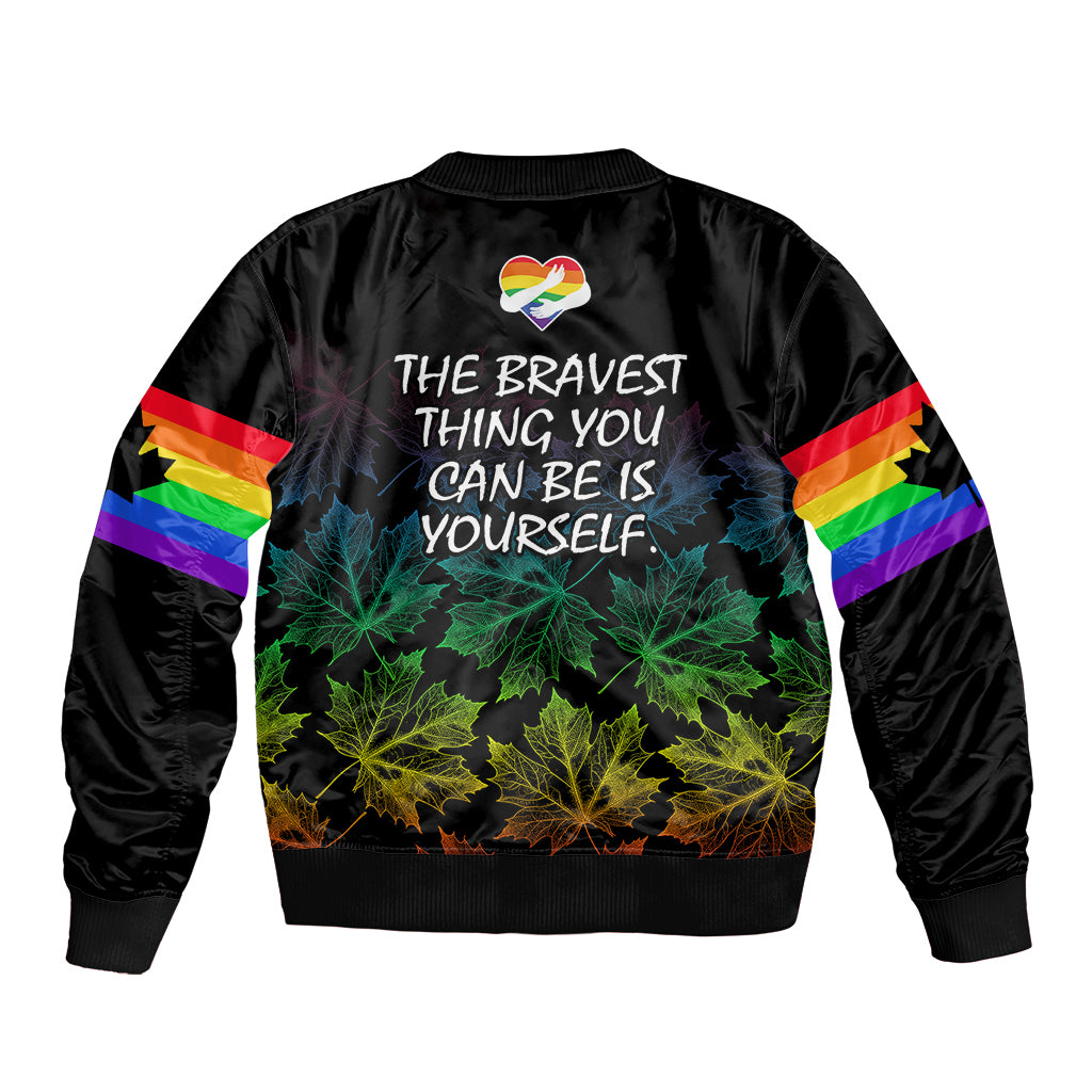 Black unisex bomber jacket with rainbow sleeve stripes, back quote text and maple leaves.