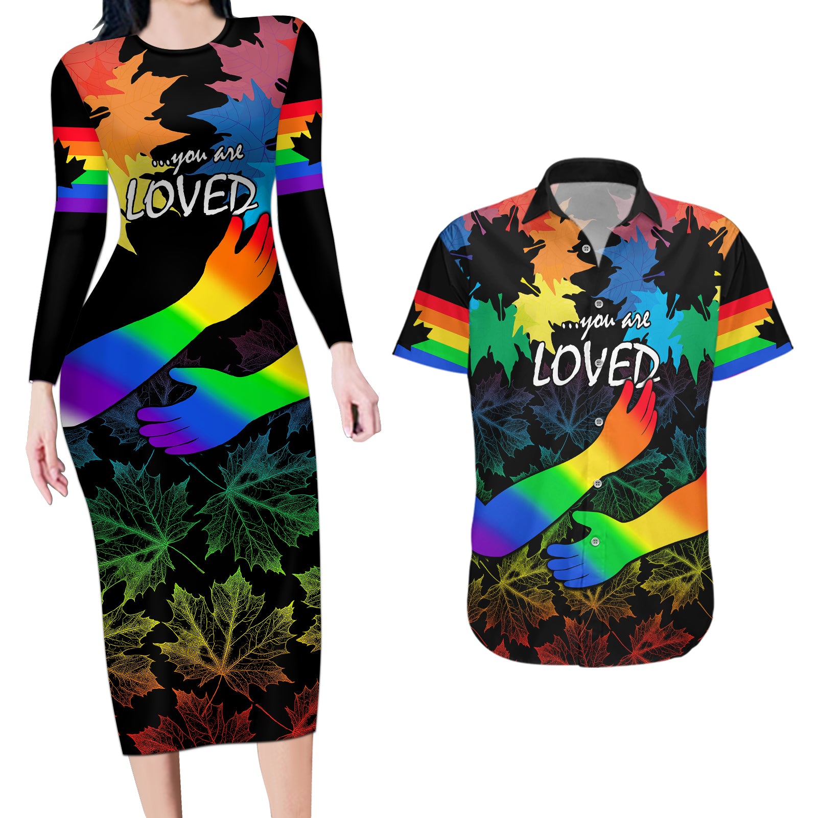 Canada LGBT History Month Couples Matching Long Sleeve Bodycon Dress and Hawaiian Shirt Hugging Rainbow Maple Leaves LT9 - Wonder Print Shop