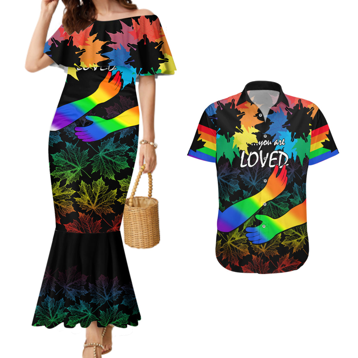 Canada LGBT History Month Couples Matching Mermaid Dress And Hawaiian Shirt Hugging Rainbow Maple Leaves LT9 - Wonder Print Shop