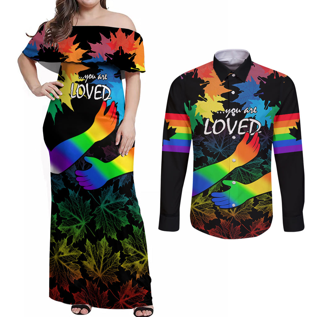 Canada LGBT History Month Couples Matching Off Shoulder Maxi Dress and Long Sleeve Button Shirts Hugging Rainbow Maple Leaves LT9 - Wonder Print Shop