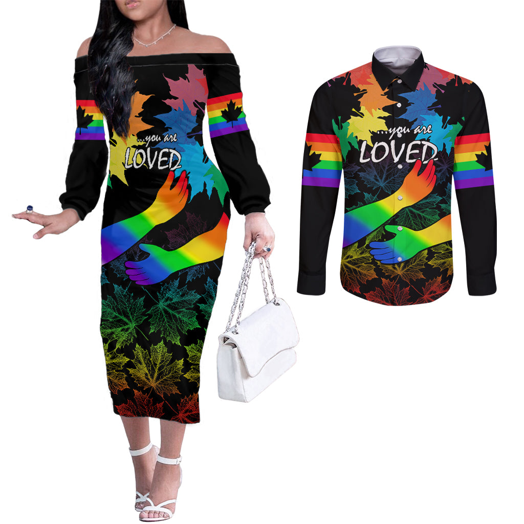 canada-lgbt-history-month-couples-matching-off-the-shoulder-long-sleeve-dress-and-long-sleeve-button-shirts-hugging-rainbow-maple-leaves