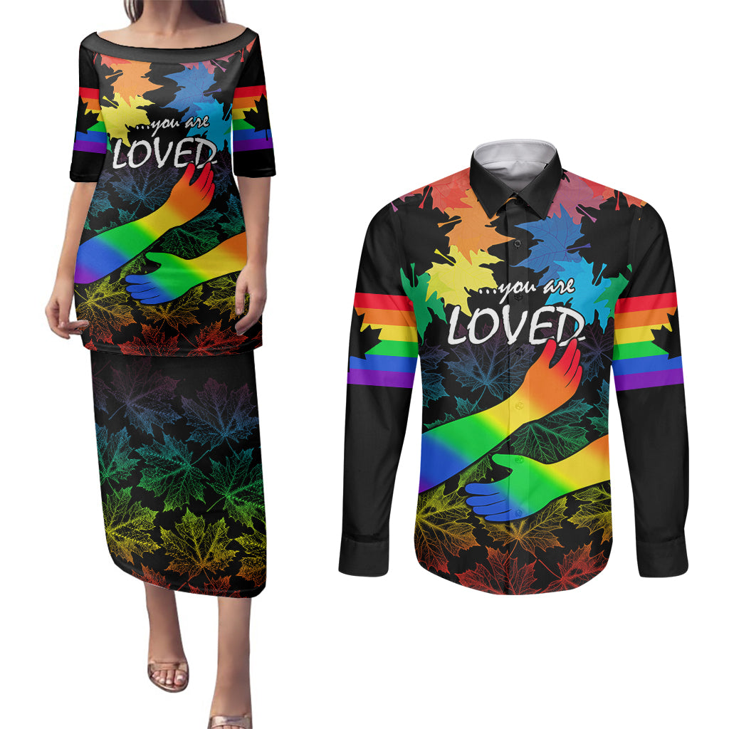 Canada LGBT History Month Couples Matching Puletasi Dress and Long Sleeve Button Shirts Hugging Rainbow Maple Leaves LT9 - Wonder Print Shop