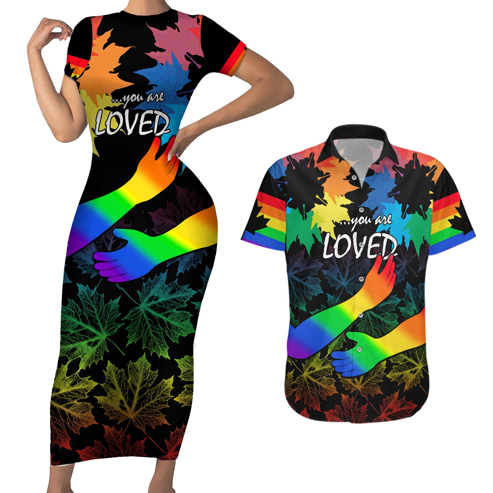 Canada LGBT History Month Couples Matching Short Sleeve Bodycon Dress and Hawaiian Shirt Hugging Rainbow Maple Leaves LT9 - Wonder Print Shop