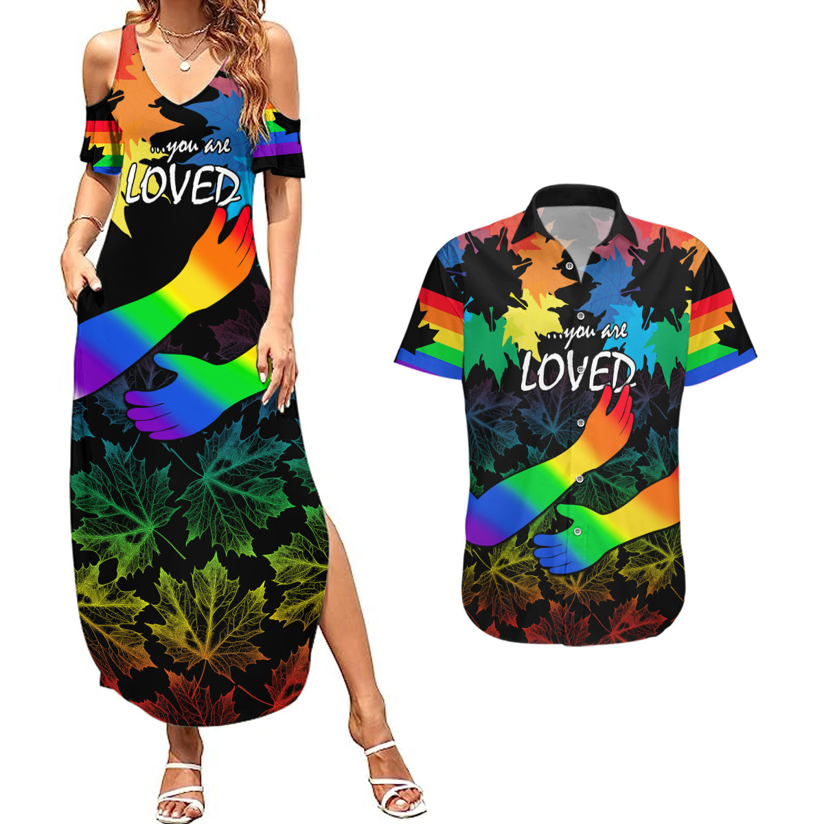 Canada LGBT History Month Couples Matching Summer Maxi Dress and Hawaiian Shirt Hugging Rainbow Maple Leaves LT9 - Wonder Print Shop