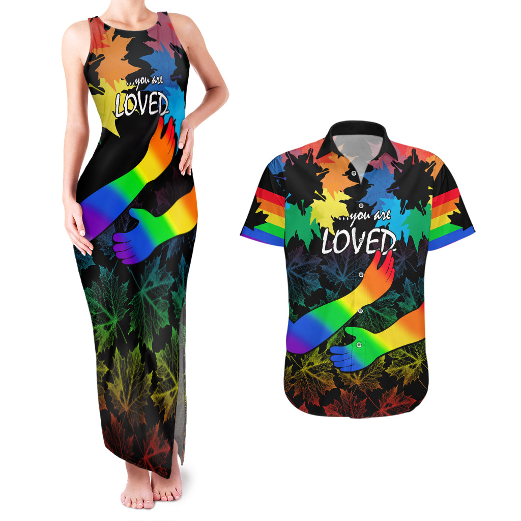 Canada LGBT History Month Couples Matching Tank Maxi Dress And Hawaiian Shirt Hugging Rainbow Maple Leaves LT9 - Wonder Print Shop