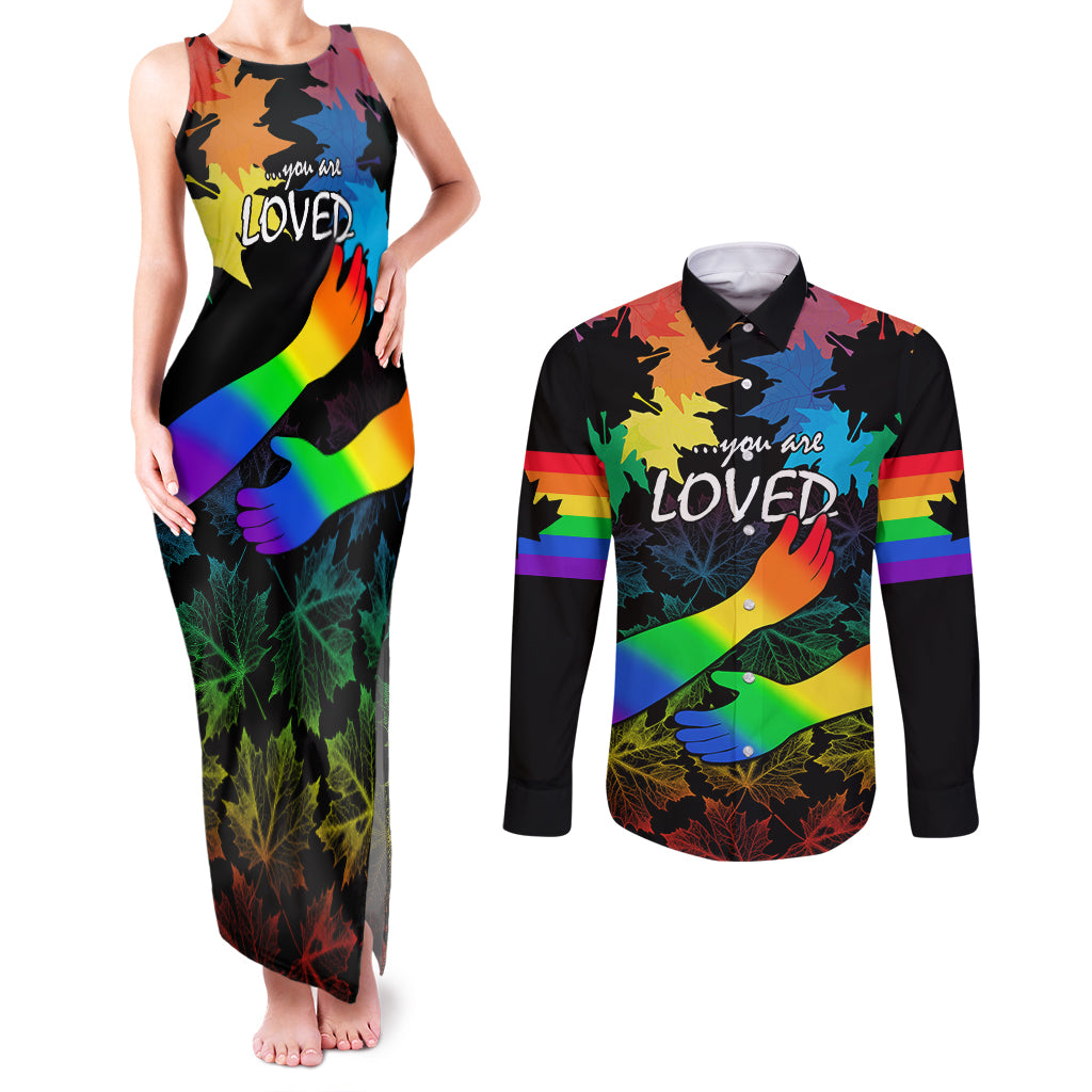 Canada LGBT History Month Couples Matching Tank Maxi Dress and Long Sleeve Button Shirts Hugging Rainbow Maple Leaves LT9 - Wonder Print Shop