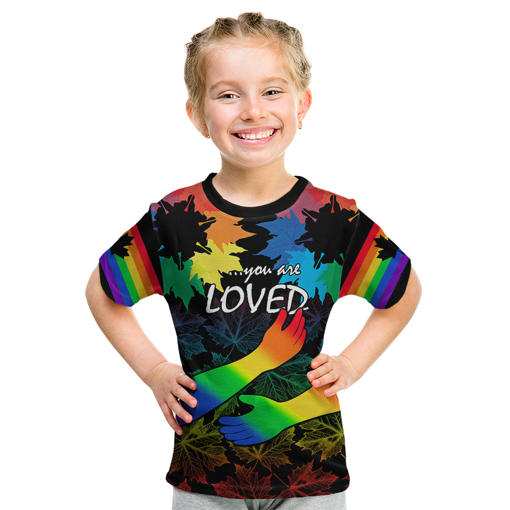 Canada LGBT History Month Kid T Shirt Hugging Rainbow Maple Leaves - Wonder Print Shop