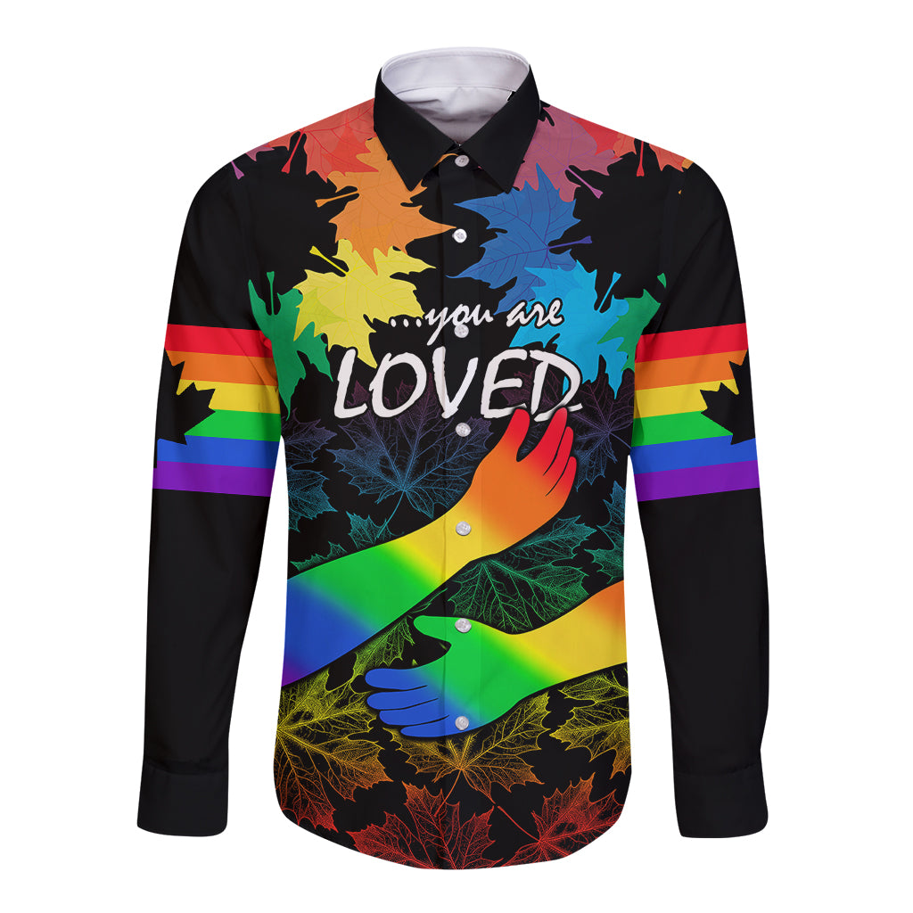 Black long-sleeve button shirt with rainbow stripes and 'you are LOVED' leaf graphic