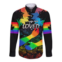Black long-sleeve button shirt with rainbow stripes and 'you are LOVED' leaf graphic
