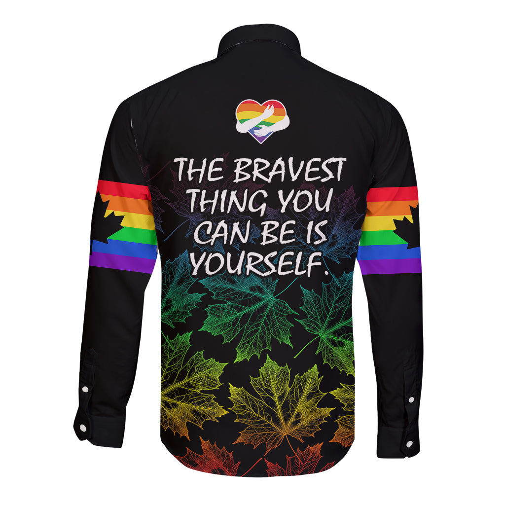 Black long-sleeve button shirt with rainbow stripes and back text 'THE BRAVEST...' plus heart