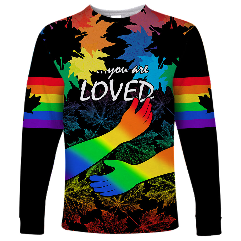 Canada LGBT History Month Long Sleeve Shirt Hugging Rainbow Maple Leaves - Wonder Print Shop