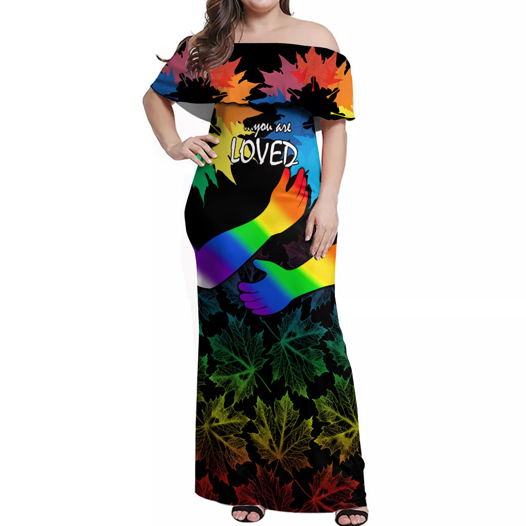 Canada LGBT History Month Off Shoulder Maxi Dress Hugging Rainbow Maple Leaves - Wonder Print Shop