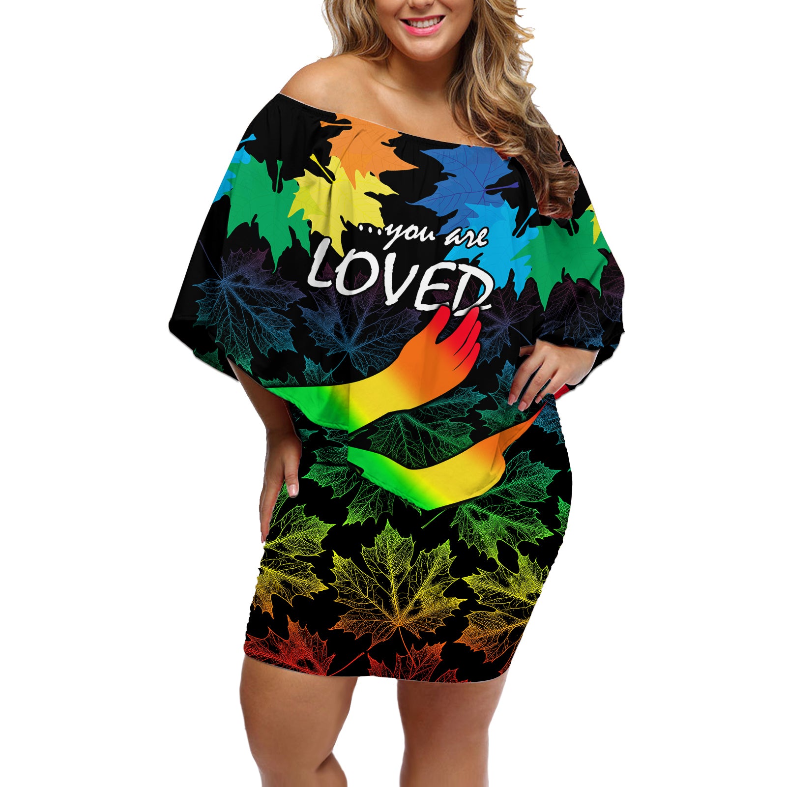 Canada LGBT History Month Off Shoulder Short Dress Hugging Rainbow Maple Leaves - Wonder Print Shop