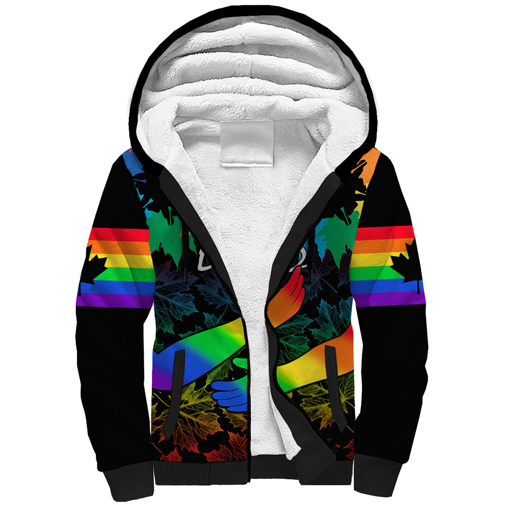 Canada LGBT History Month Sherpa Hoodie Hugging Rainbow Maple Leaves - Wonder Print Shop