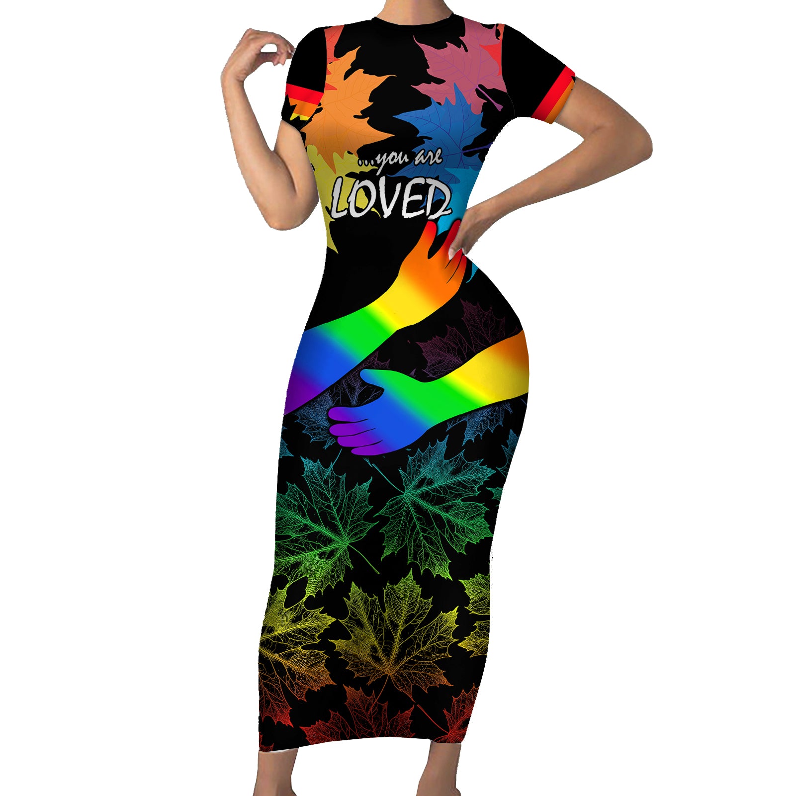 Canada LGBT History Month Short Sleeve Bodycon Dress Hugging Rainbow Maple Leaves - Wonder Print Shop