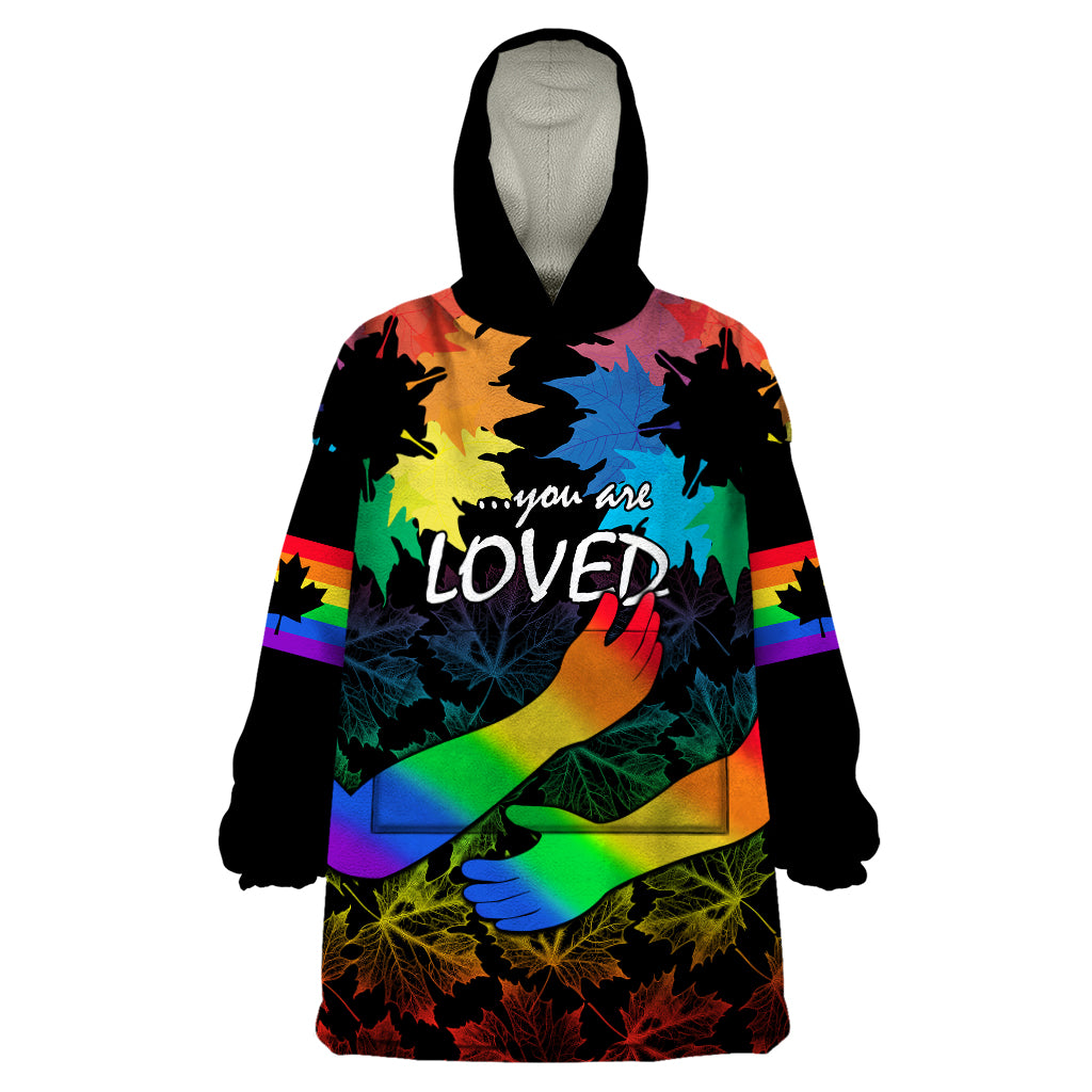 Canada LGBT History Month Wearable Blanket Hoodie Hugging Rainbow Maple Leaves - Wonder Print Shop