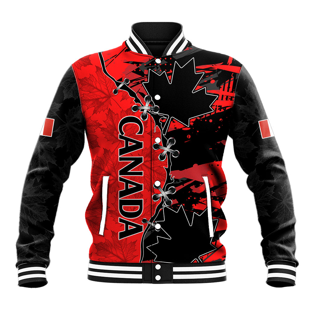 Red and black Canada varsity baseball jacket with maple leaf graphic and ribbed collar