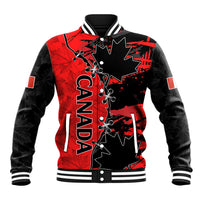 Red and black Canada varsity baseball jacket with maple leaf graphic and ribbed collar