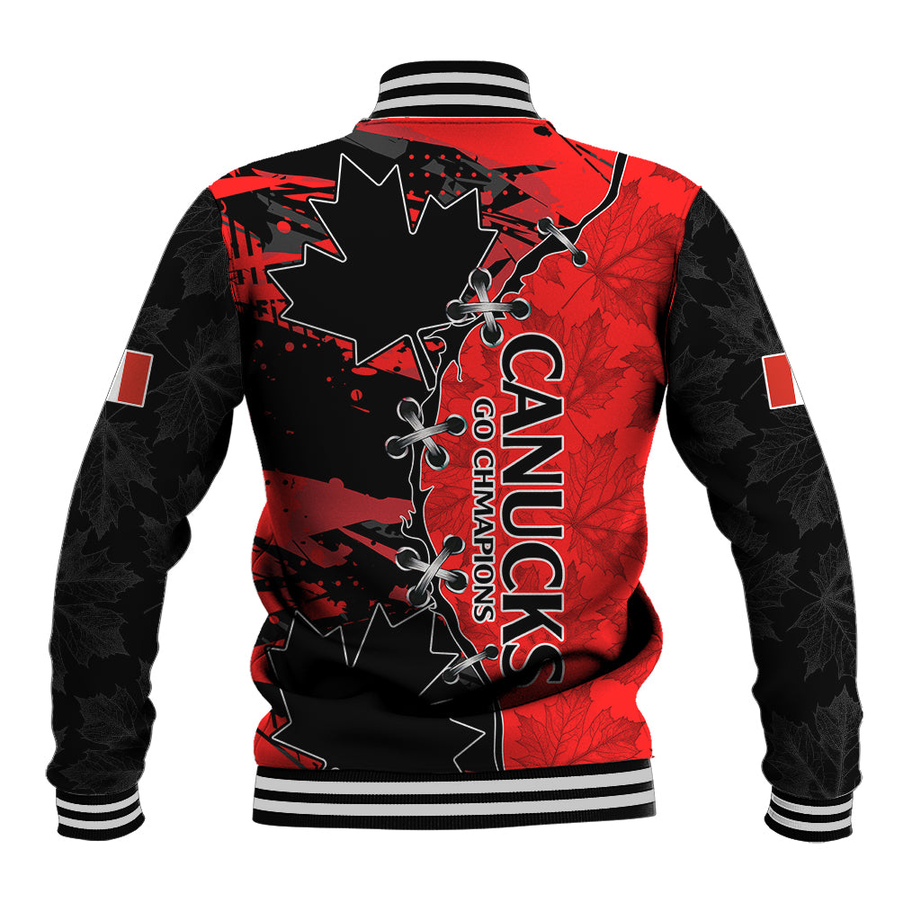 Red and black Canada-style baseball jacket, back shows CANUCKS Champions text