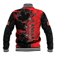 Red and black Canada-style baseball jacket, back shows CANUCKS Champions text