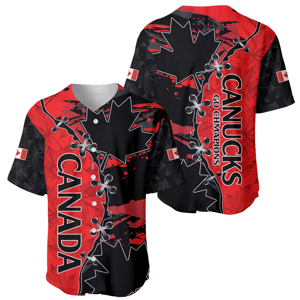 Women’s soccer baseball jersey in red and black with large maple leaf CANUCKS graphic