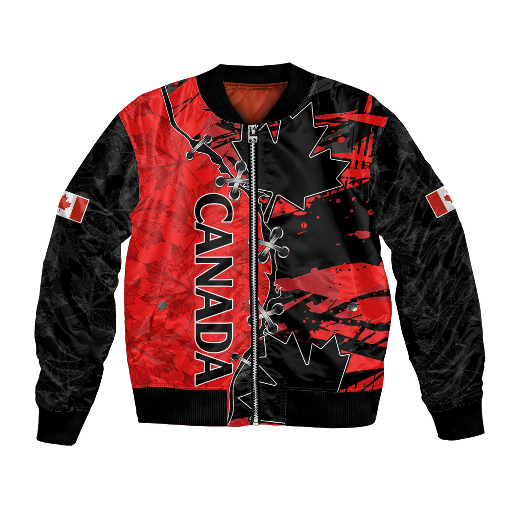Women’s soccer bomber jacket in red and black with Canada and maple leaf graphic