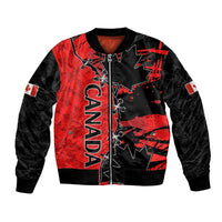 Women’s soccer bomber jacket in red and black with Canada and maple leaf graphic