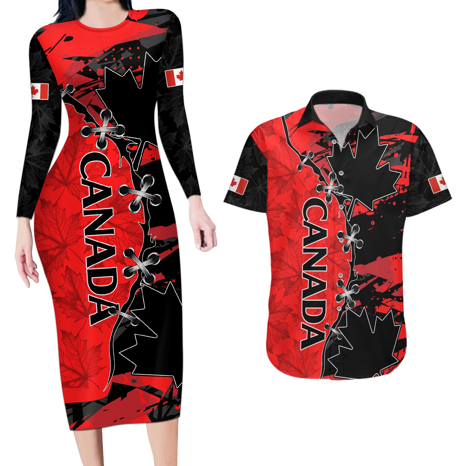 Canada Womens Soccer Couples Matching Long Sleeve Bodycon Dress and Hawaiian Shirt Go Canucks Maple Leaf 2023 LT9 - Wonder Print Shop