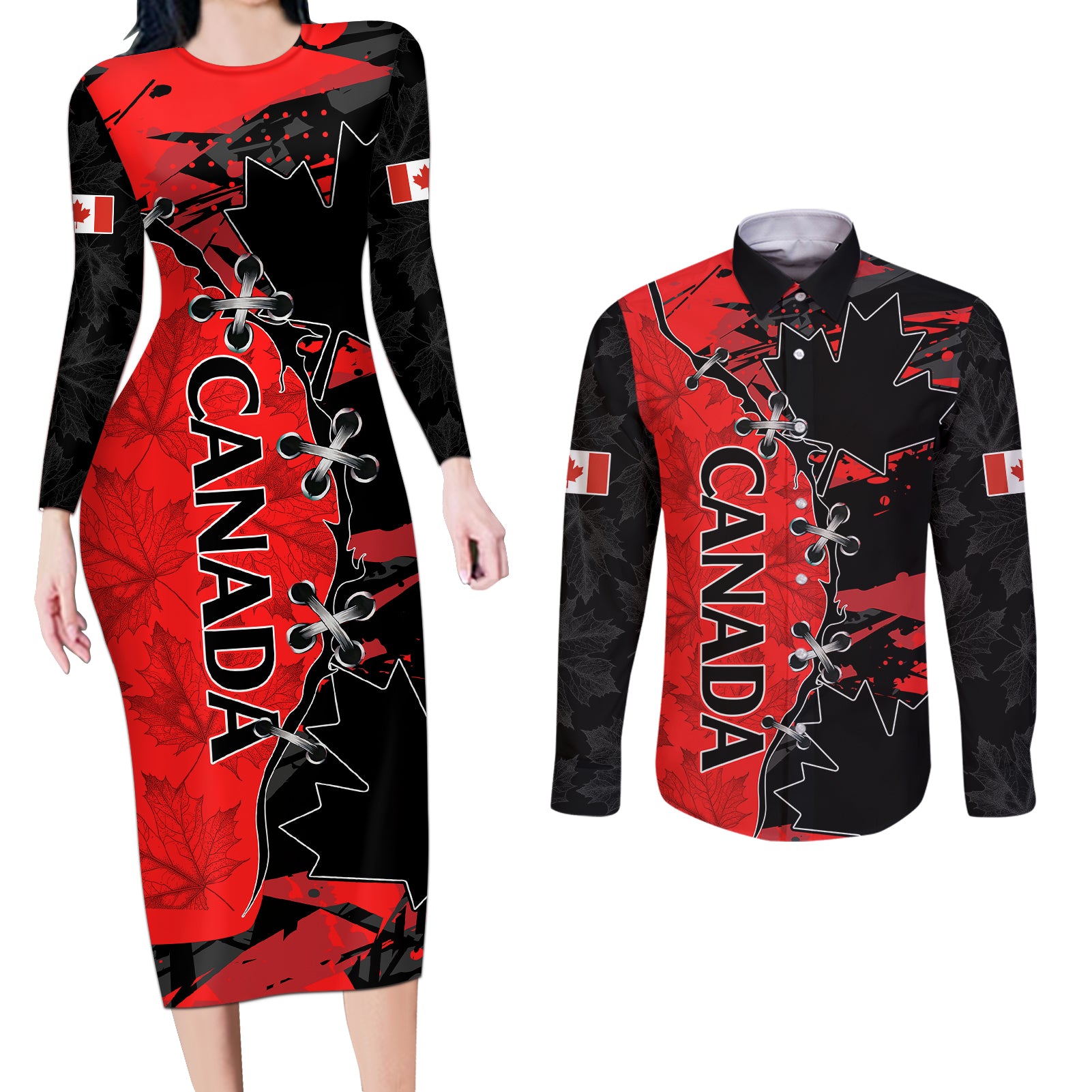 Canada Womens Soccer Couples Matching Long Sleeve Bodycon Dress and Long Sleeve Button Shirts Go Canucks Maple Leaf 2023 LT9 - Wonder Print Shop