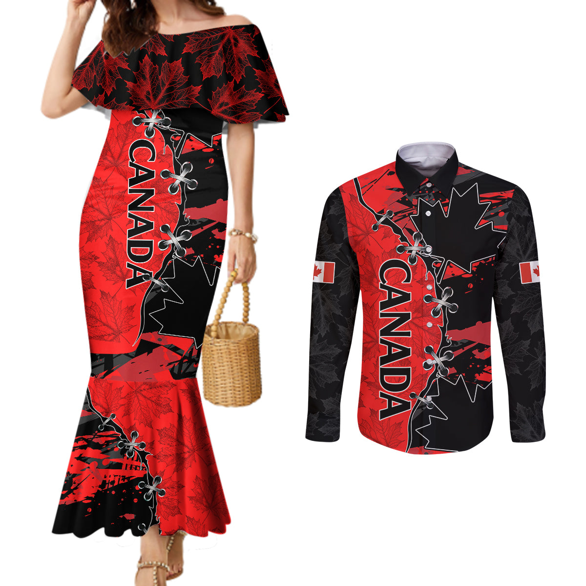 canada-womens-soccer-couples-matching-mermaid-dress-and-long-sleeve-button-shirts-go-canucks-maple-leaf-2023