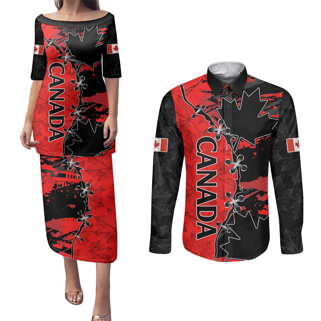 Canada Womens Soccer Couples Matching Puletasi Dress and Long Sleeve Button Shirts Go Canucks Maple Leaf 2023 LT9 - Wonder Print Shop