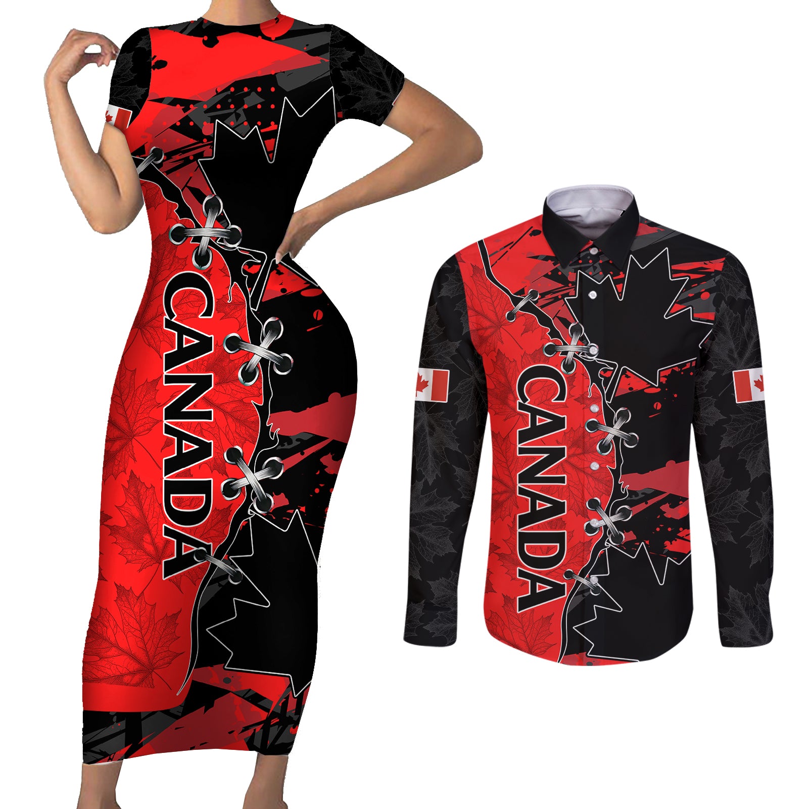 Canada Womens Soccer Couples Matching Short Sleeve Bodycon Dress and Long Sleeve Button Shirts Go Canucks Maple Leaf 2023 LT9 - Wonder Print Shop