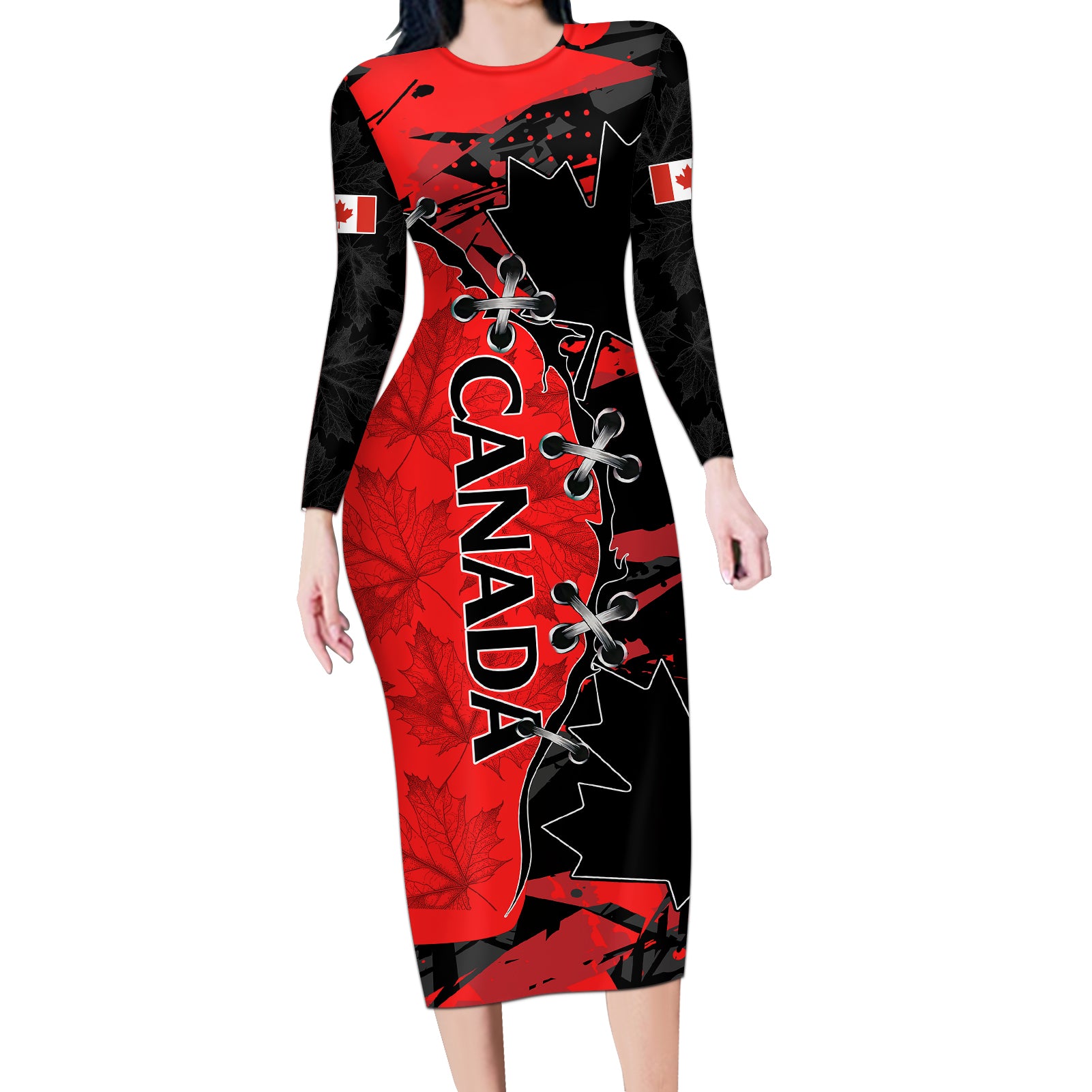 Canada Womens Soccer Long Sleeve Bodycon Dress Go Canucks Maple Leaf 2023 - Wonder Print Shop