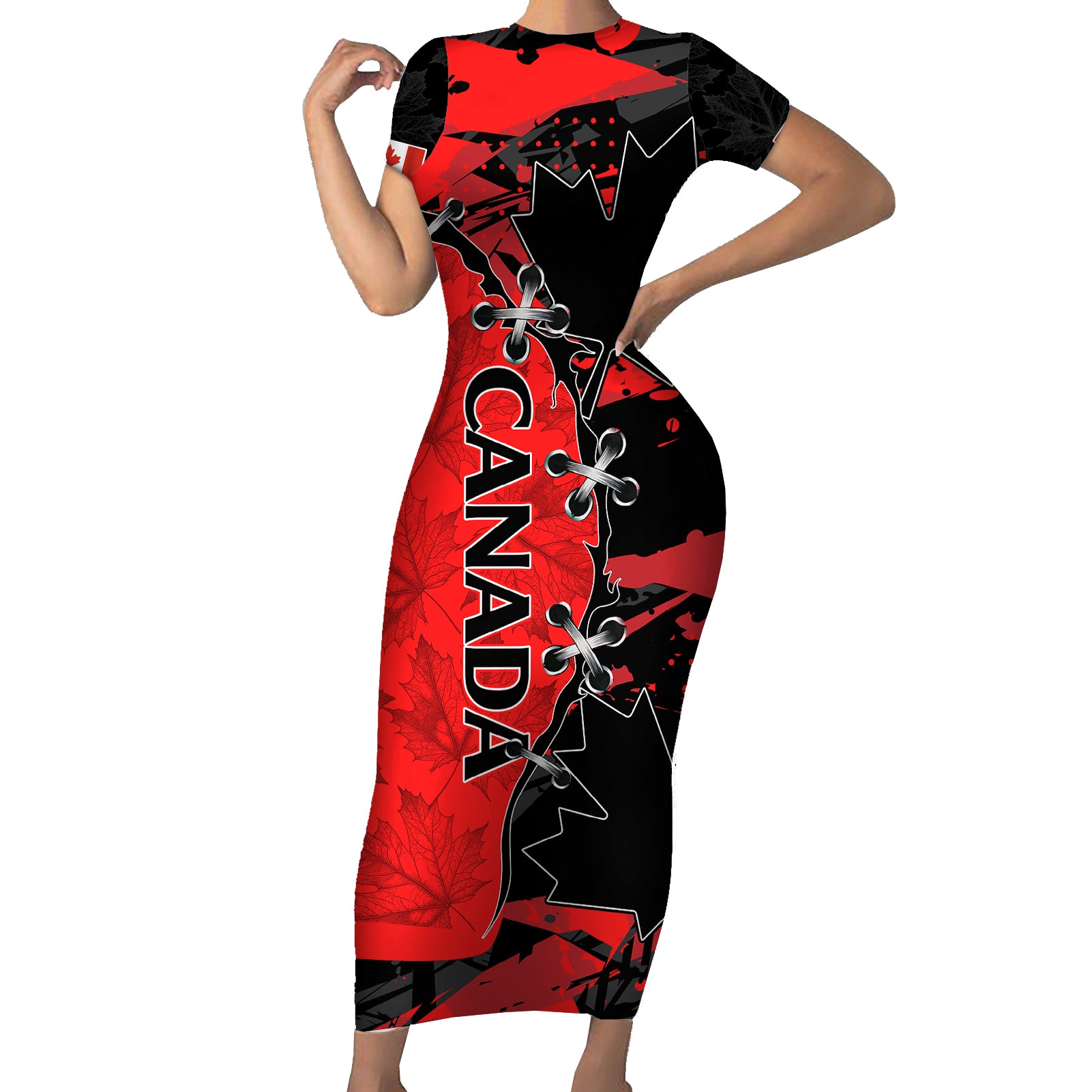 Canada Womens Soccer Short Sleeve Bodycon Dress Go Canucks Maple Leaf 2023 - Wonder Print Shop