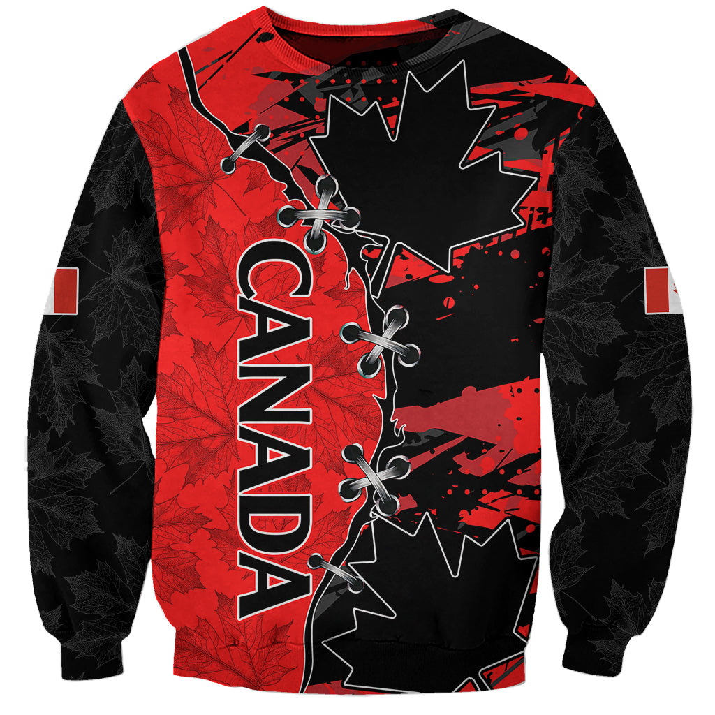 Unisex soccer sweatshirt in red and black with large CANADA text and maple leaf print