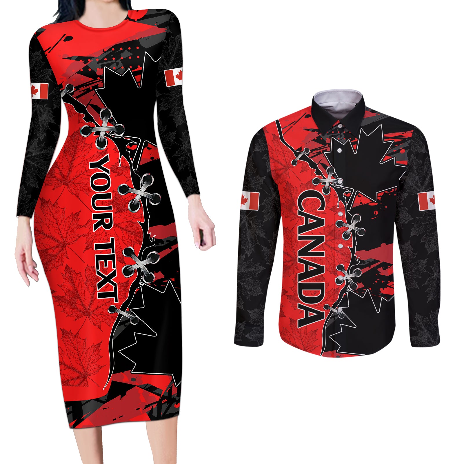 Custom Canada Womens Soccer Couples Matching Long Sleeve Bodycon Dress and Long Sleeve Button Shirts Go Canucks Maple Leaf 2023 LT9 - Wonder Print Shop