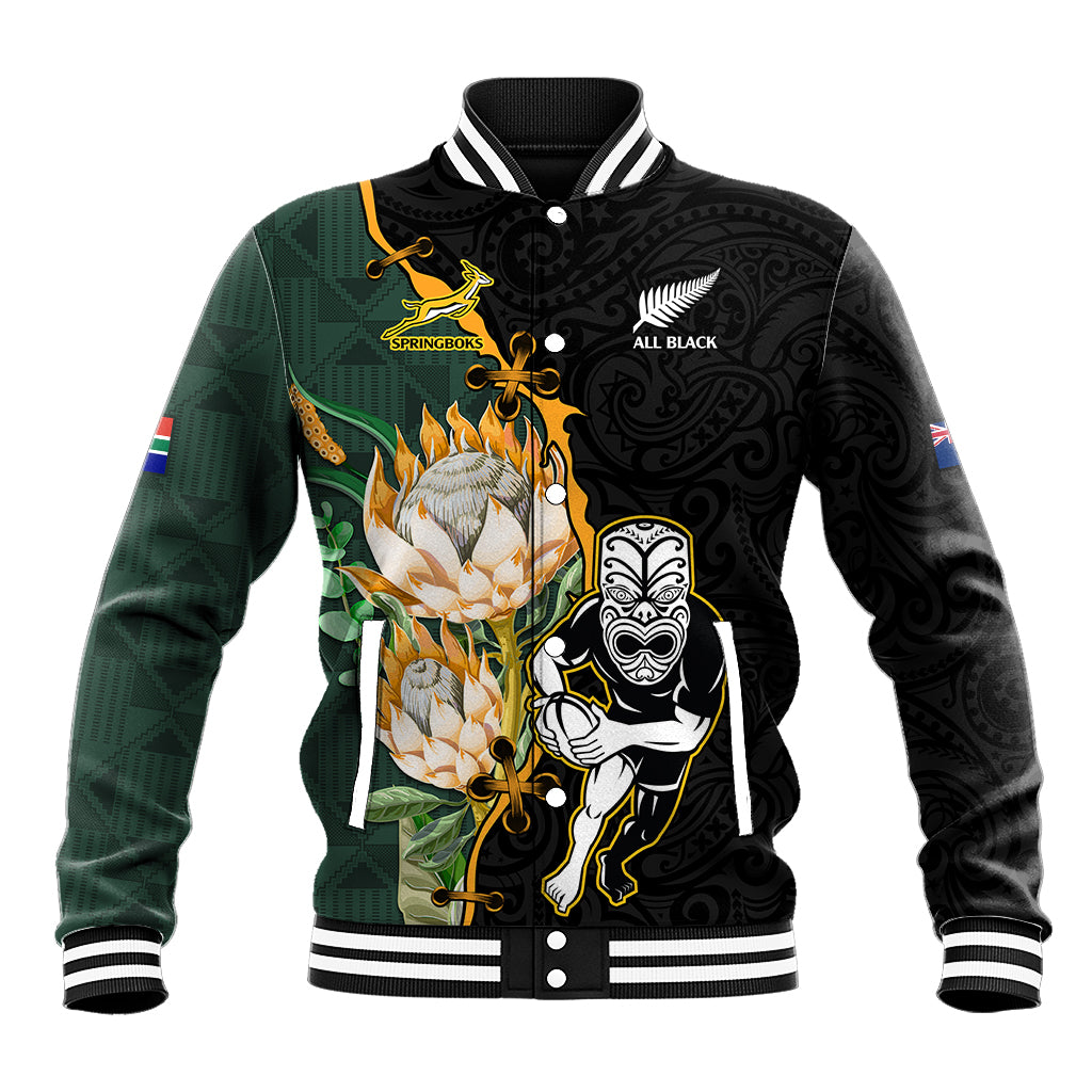 Black and green baseball jacket with ribbed collar, striped cuffs, front floral tiki graphics