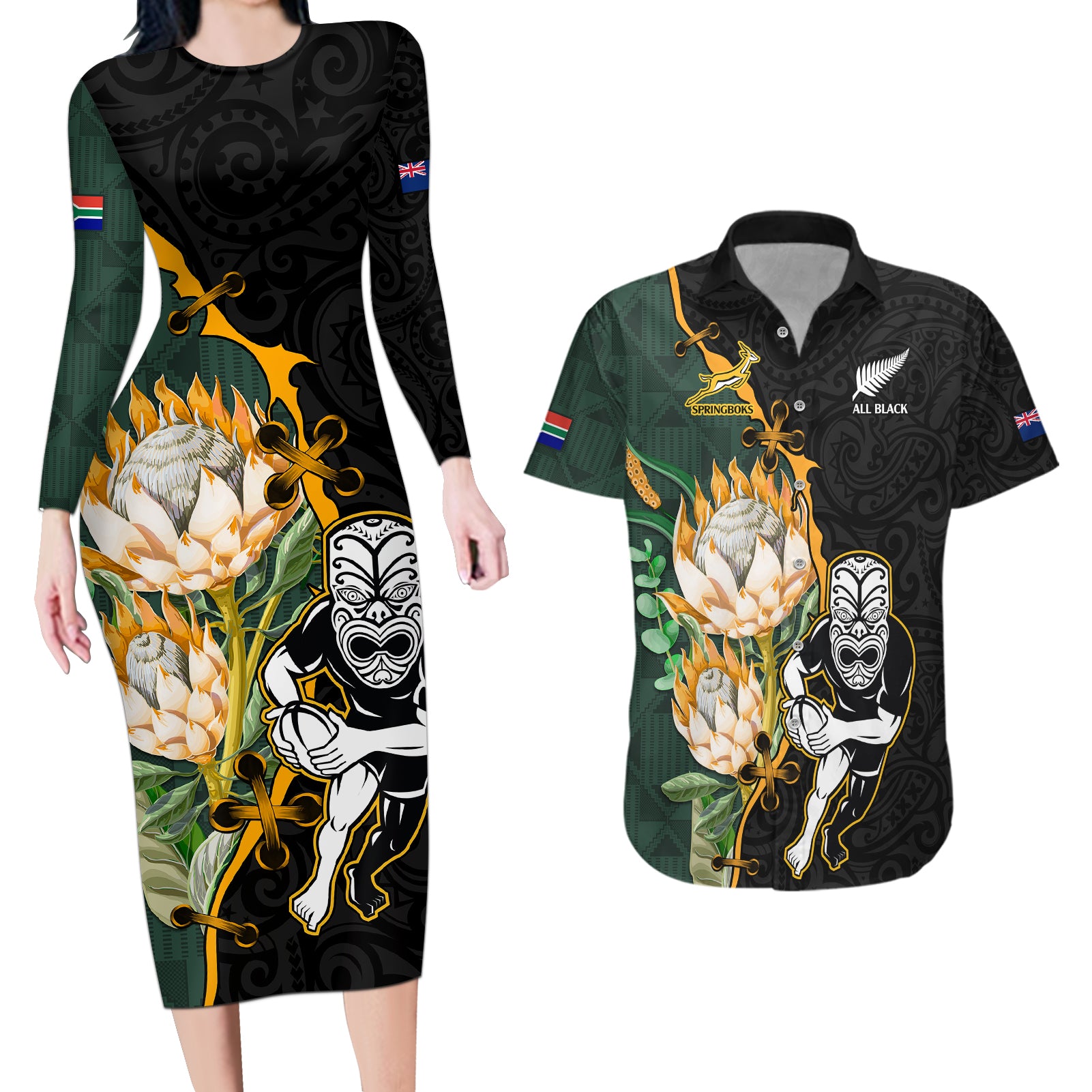 South Africa Protea and New Zealand Couples Matching Long Sleeve Bodycon Dress and Hawaiian Shirt Go All Black-Springboks Rugby with Kente And Maori LT9 - Wonder Print Shop