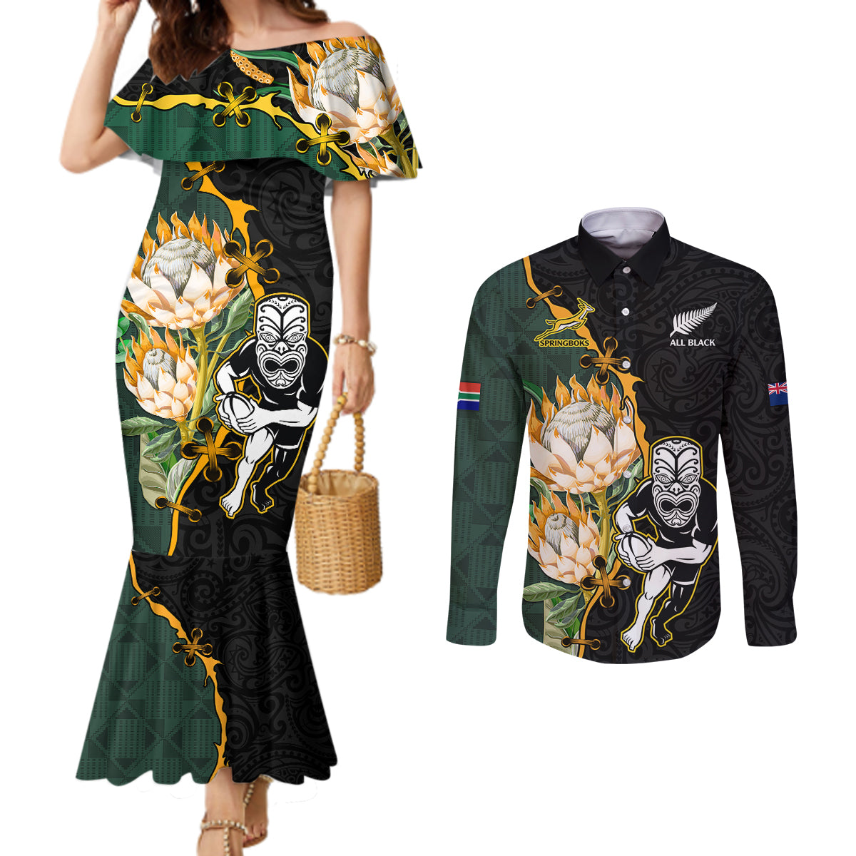 south-africa-protea-and-new-zealand-couples-matching-mermaid-dress-and-long-sleeve-button-shirts-go-all-black-springboks-rugby-with-kente-and-maori