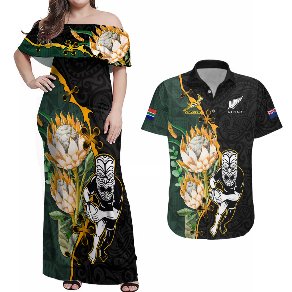 South Africa Protea and New Zealand Couples Matching Off Shoulder Maxi Dress and Hawaiian Shirt Go All Black-Springboks Rugby with Kente And Maori LT9 - Wonder Print Shop