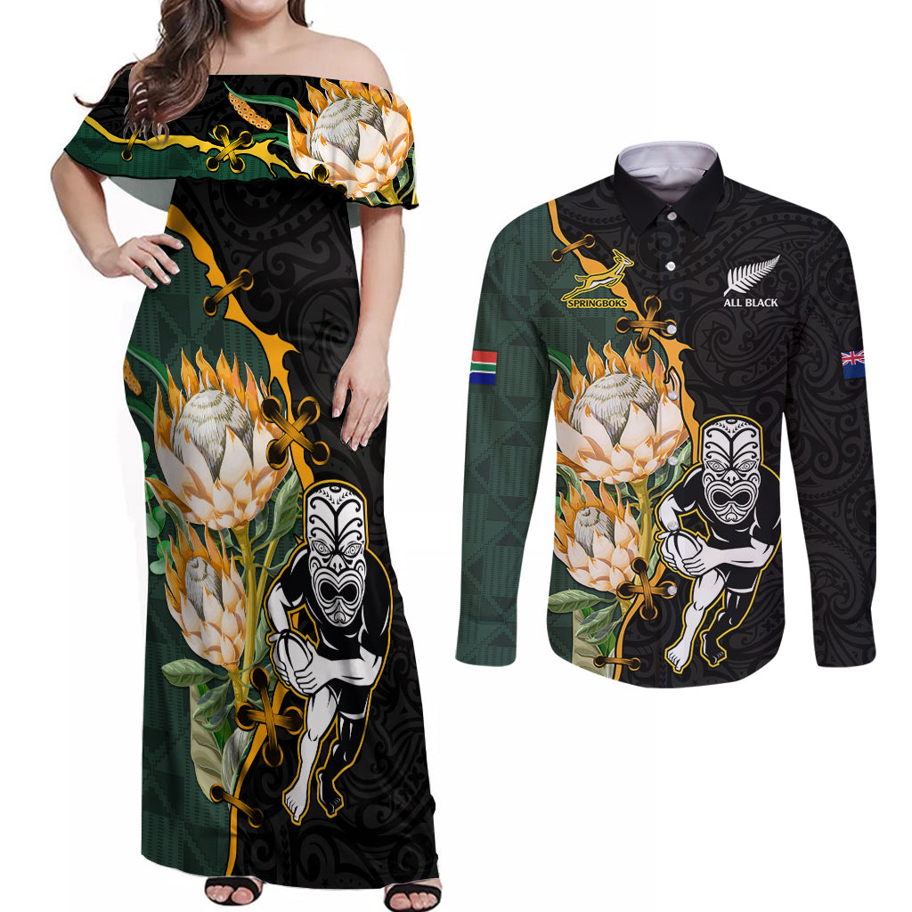 South Africa Protea and New Zealand Couples Matching Off Shoulder Maxi Dress and Long Sleeve Button Shirts Go All Black-Springboks Rugby with Kente And Maori LT9 - Wonder Print Shop