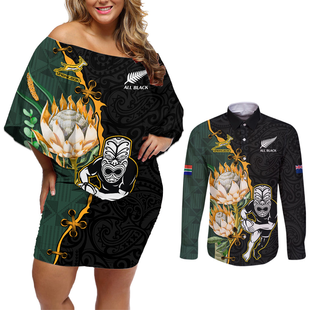 South Africa Protea and New Zealand Couples Matching Off Shoulder Short Dress and Long Sleeve Button Shirts Go All Black-Springboks Rugby with Kente And Maori LT9 - Wonder Print Shop